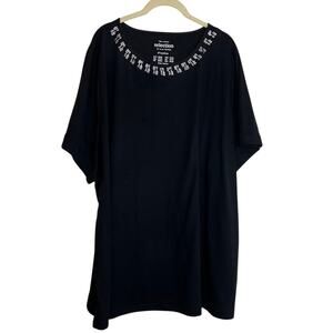 Ulla Popken Womens Top 28/30 Black Rhinestone Scoop Neck Pima Cotton Oversized